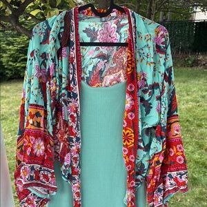 VICI Floral Kimono with Mint Green Dress. Form fitting but comfy
